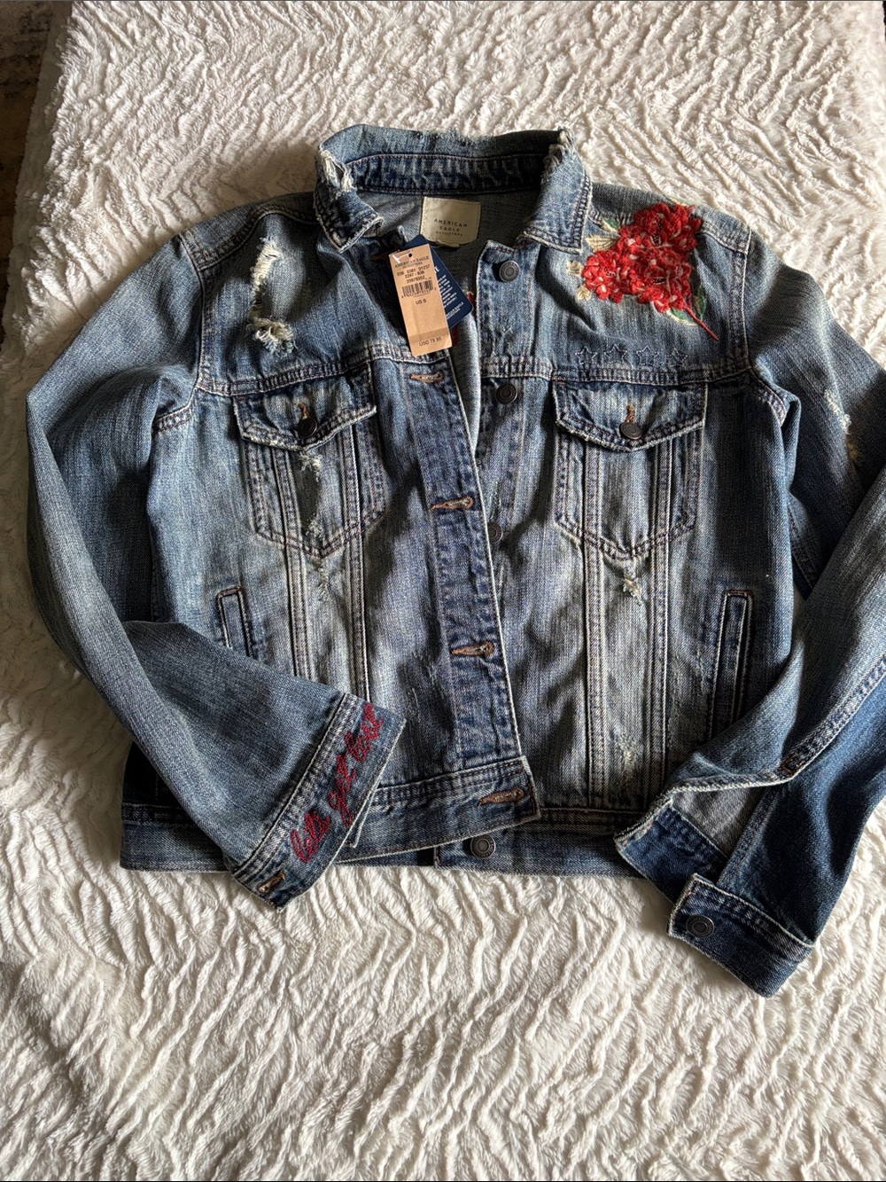 American Eagle Outfitters Light Blue Denim Jacket with Red Floral Embroidery